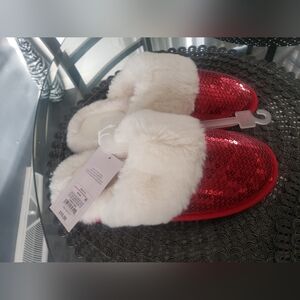 Auden Red Sequin and White Fur Slippers. Size Small 5-6